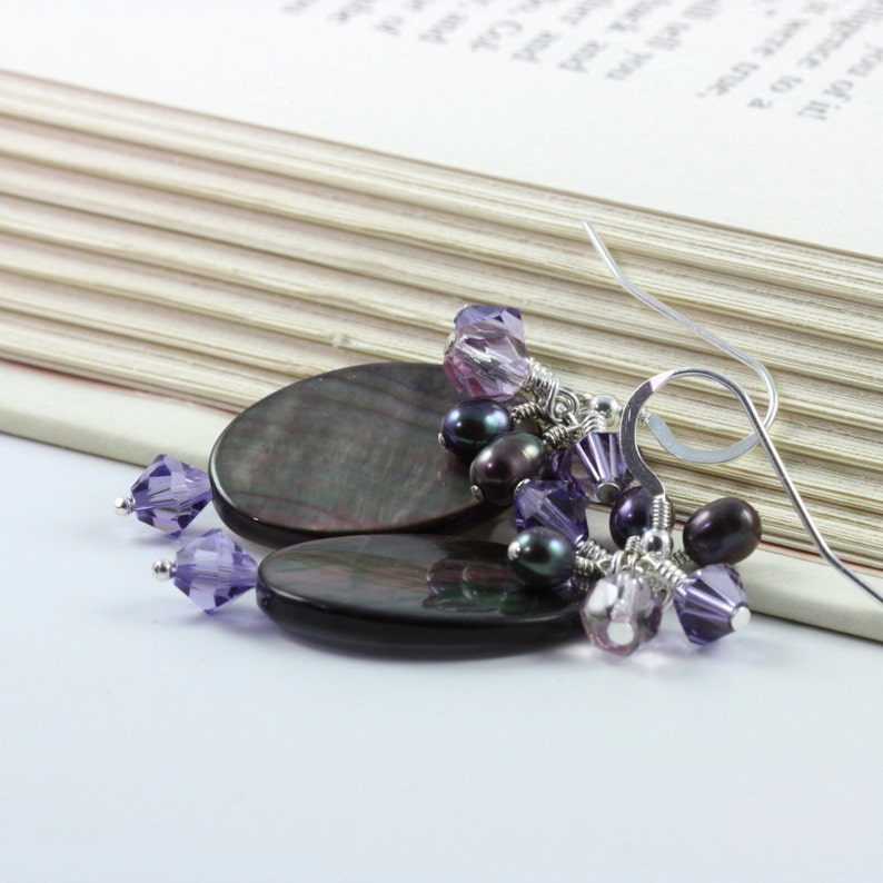 Purple Cluster Earrings Crystal Black Pearl Shell Violet Lavender Jewelry Sterling Silver Classic Style Mothers Day Jewelry