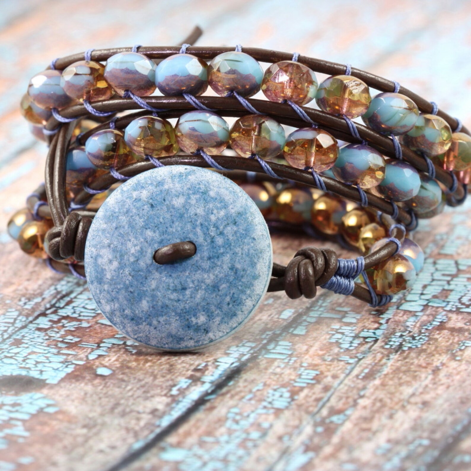 Dusty Blue Wrap Bracelet with Brown Leather Copper Triple Etsy