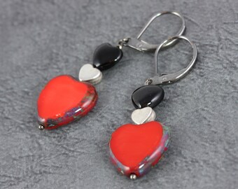 Scarlet Valentine Earrings with Onyx and Sterling Silver Hearts