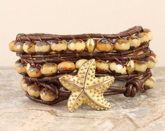 Golden Starfish Bracelet with Chocolate and Cream Beads