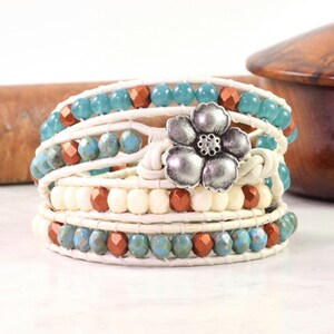 Teal and Copper Bracelet, Distressed Leather with Flower Clasp image 1
