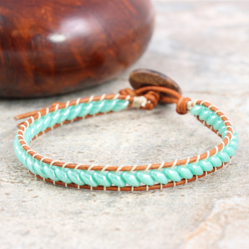 Wood and Leather Bracelet, Pale Green Stacking Jewelry image 5