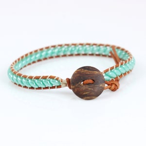 Wood and Leather Bracelet, Pale Green Stacking Jewelry image 1