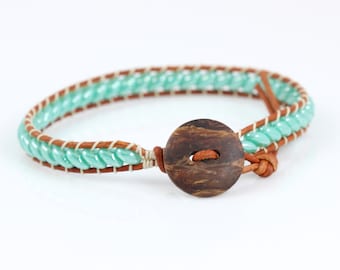 Wood and Leather Bracelet, Pale Green Stacking Jewelry