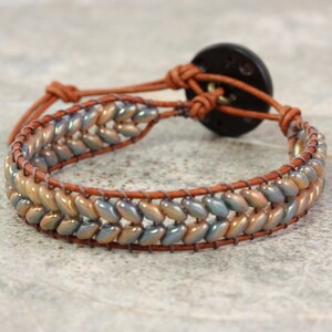 Slate Blue Wrap Bracelet, Caramel Brown Leather, Herringbone Style image 5