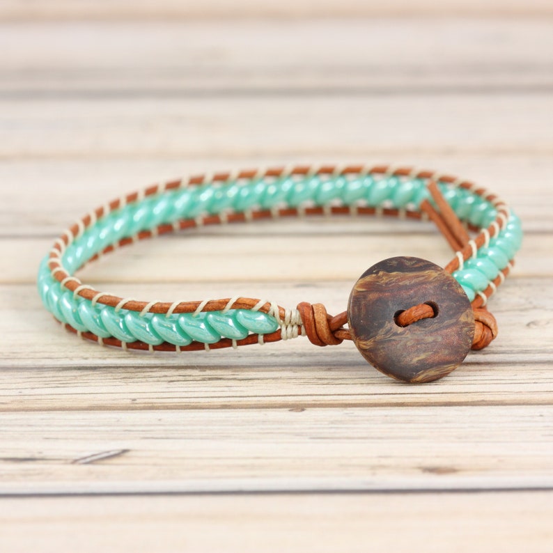 Wood and Leather Bracelet, Pale Green Stacking Jewelry image 3