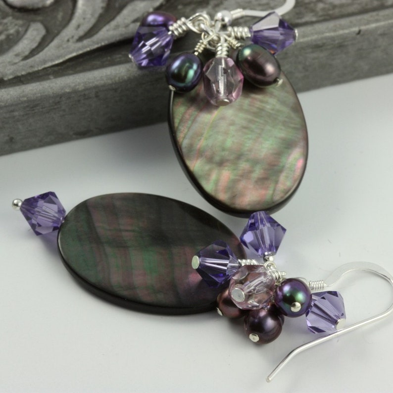 Purple Cluster Earrings Crystal Black Pearl Shell Violet Lavender Jewelry Sterling Silver Classic Style Mothers Day Jewelry