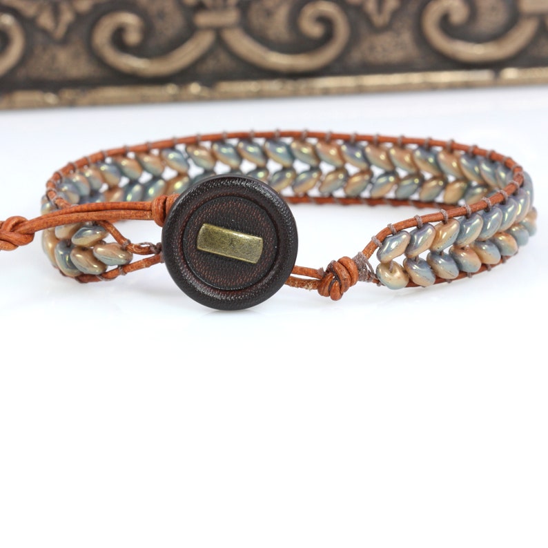 Slate Blue Wrap Bracelet, Caramel Brown Leather, Herringbone Style image 6