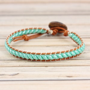 Wood and Leather Bracelet, Pale Green Stacking Jewelry image 4
