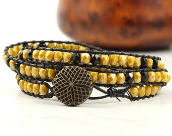 Black and Mustard Bracelet, For Slender Wrists, Autumn Colors, Adjustable