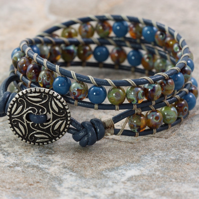 Sage Wrap Bracelet with Navy Leather, 3rd Anniversary Gift image 3