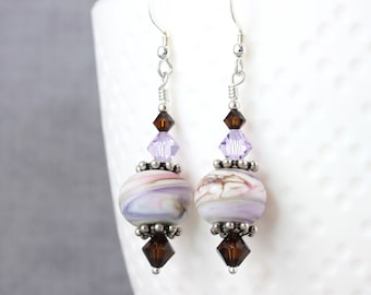 Lampwork Earrings in Lavender and Mocha with Sterling Earwires