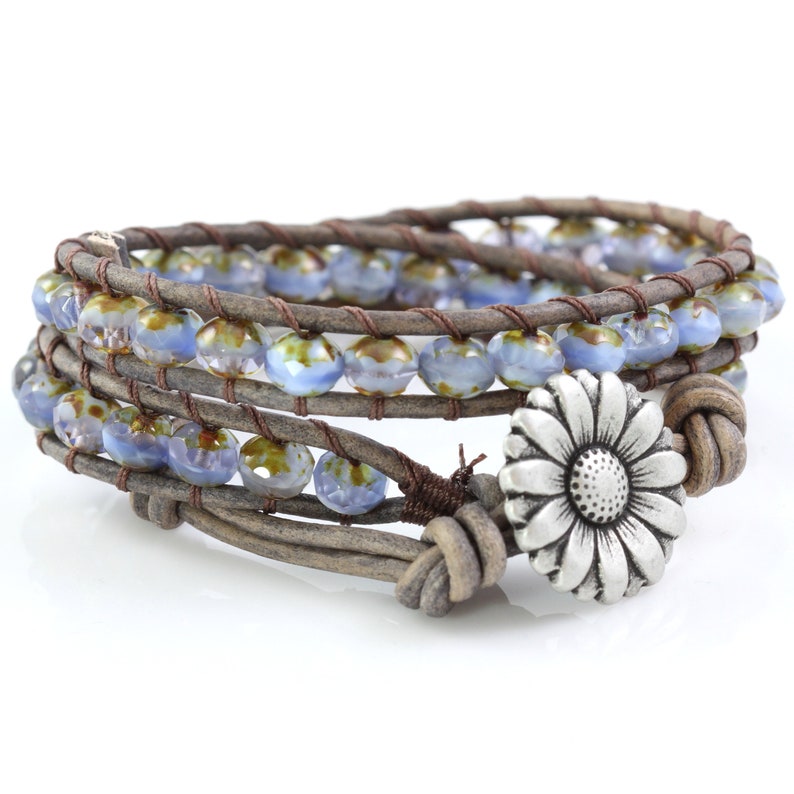 Lavender Daisy Bracelet, Gray Leather Jewelry, 3rd Anniversary Gift image 10