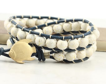 Goldfish Jewelry, Navy Leather Bracelet, Off White Nautical Jewelry Gift