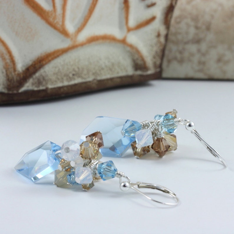 Surf and Sand Jewelry Aquamarine Crystal Aqua Cluster Earrings Wedding Jewelry Sterling Silver Lever Back