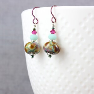 Mint and Fuchsia Lampwork Earrings, Hypoallergenic