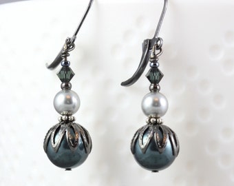 Midnight Blue Pearl and Gunmetal Earrings, 11th Anniversary