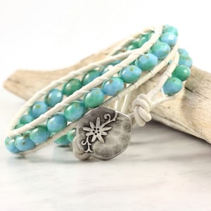 Sea Green Bracelet with White Distressed Leather, Gift for Ocean Lover