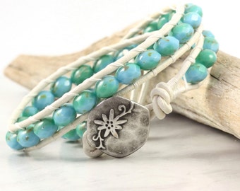 Sea Green Bracelet with White Distressed Leather, Gift for Ocean Lover