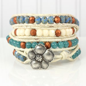 Teal and Copper Bracelet, Distressed Leather with Flower Clasp image 7