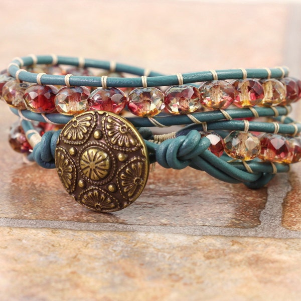 Teal Bracelet Bohemian Jewelry Leather Wrap Bracelet Beaded Bracelet Pink Wrap Bracelet Yellow Blue Leather Jewelry Boho Hippie Mothers Day