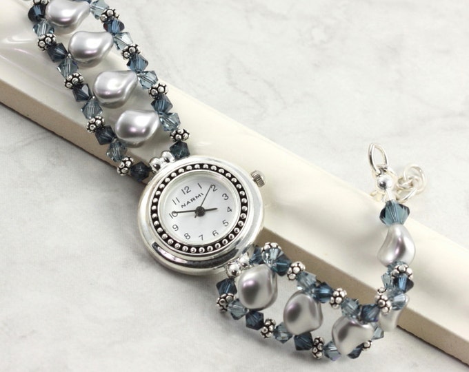 Pearl Beaded Watch Band Gray Blue Sapphire Crystal Bracelet - Etsy