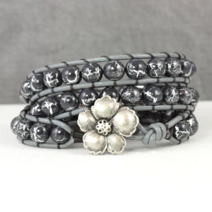 Magnolia Blossom Bracelet, Steel Gray Leather image 1