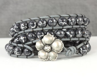 Magnolia Blossom Bracelet, Steel Gray Leather