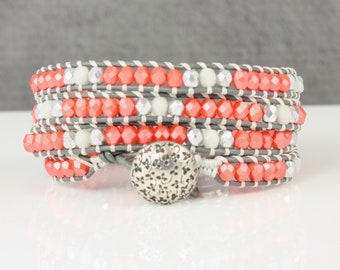 Four Wrap Bracelet with Coral and Light Gray Glass Beads