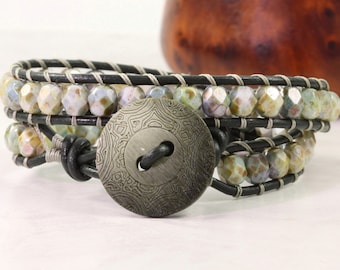 Olive Green Bracelet, Leather Wrap Jewelry, Marbled Sage Green Beads, Adjustable