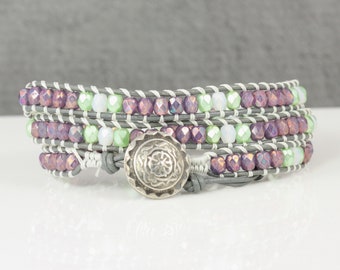 Lavender and Mint Bracelet with Gray Leather