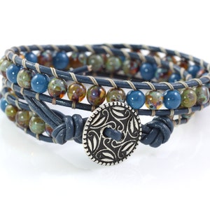 Sage Wrap Bracelet with Navy Leather, 3rd Anniversary Gift image 1