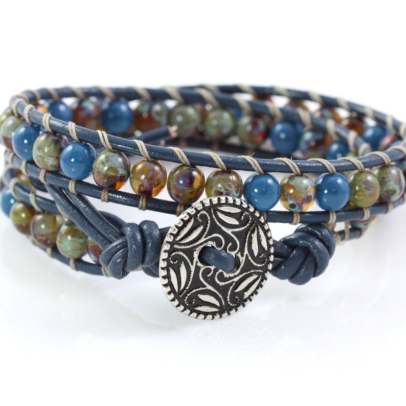 Sage Wrap Bracelet with Navy Leather, 3rd Anniversary Gift image 1