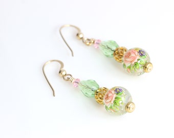 Mint Green Earrings Pink Pastel Spring Fashion Tensha Gold Floral Chartreuse Unique Jewelry Mothers Day Jewelry