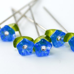 6 Glass Flower Pins - medium long - Swarovski