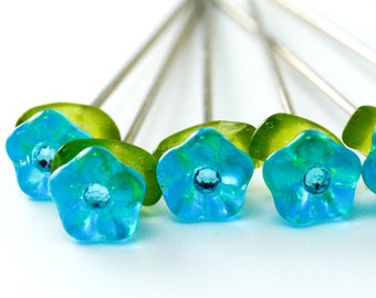 6 Glass Flower Pins - medium long - Swarovski
