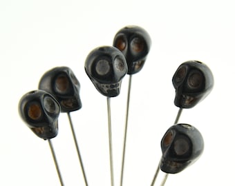 6 Howlite Skull Pins - black - voodoo - XL