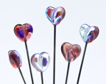 6 Indented Heart Pins - XL - AB Glass