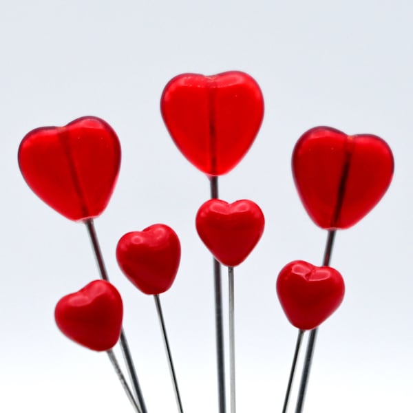 Red Glass Heart Pins - set of 7