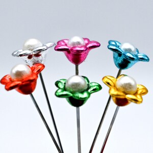 6 Metallic Flower Pins - medium long