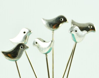 6 Metal Bird Pins - medium long