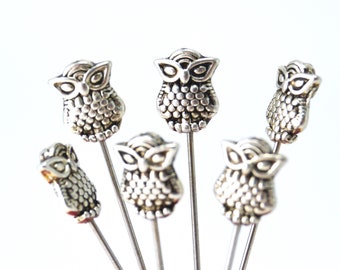 6 Silver Owl Pins - medium