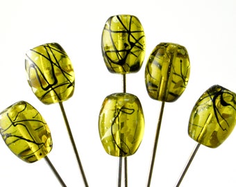 6 Glass Head Pins - XL - Olive green with black swirl