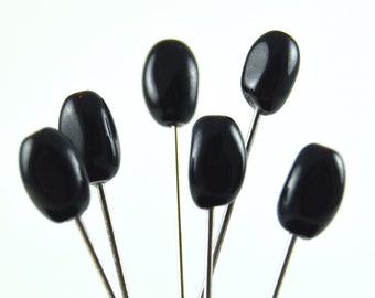 6 Black Glass Pins - medium long