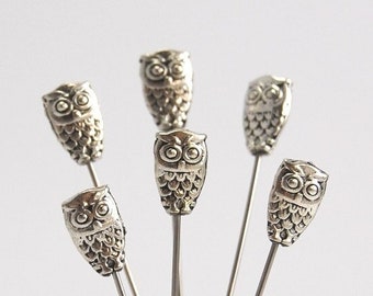 6 Silver Owl  Pins - medium long