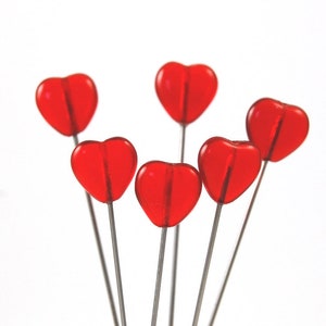 6 Red Glass Heart Pins - XL - Transparent