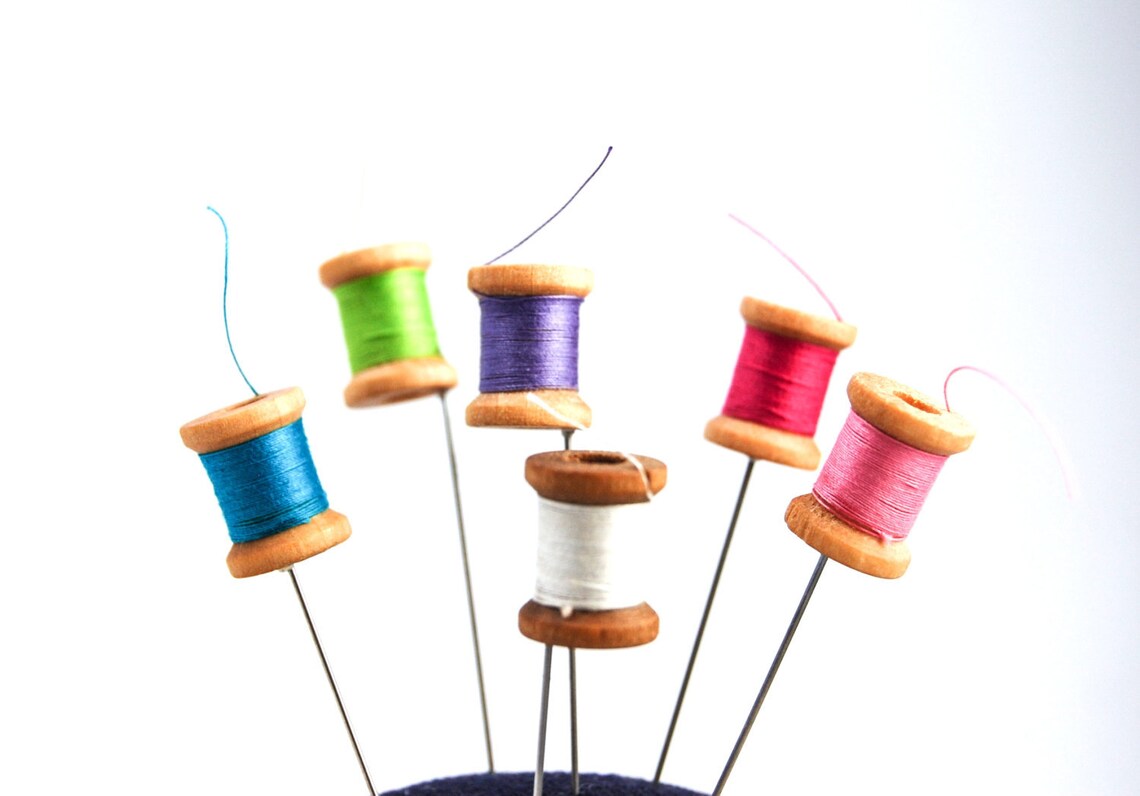 6 Mini Thread Spool Pins Wound up by Hand Vintage Look Etsy