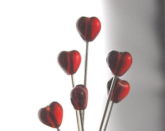 6 Dark Ruby Red Glass Heart Pins - medium long