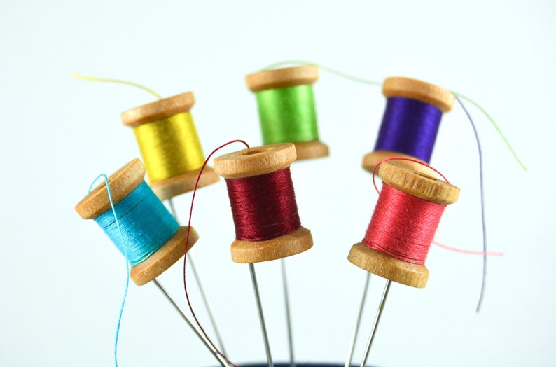 6 Mini Thread Spool Pins - Wound up by Hand - Vintage Look - Etsy