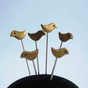 6 Antique Bronze Bird Pins - medium long